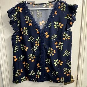 SHEIN Curve Women's Navy Blue and Orange Floral Ruffle Blouse -1 XL - NWOT